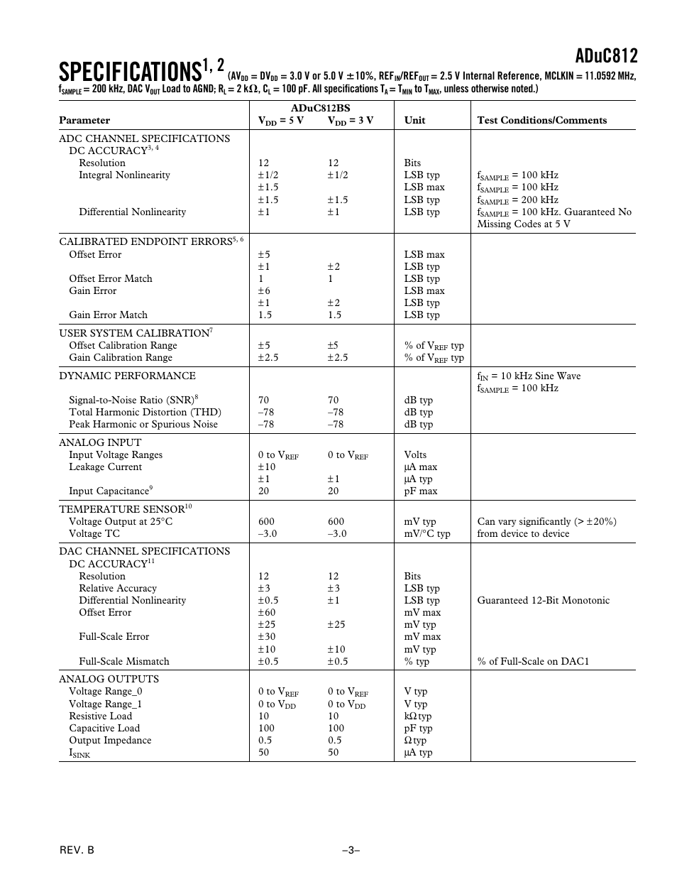 Specifications, Aduc812 | Analog Devices ADuC812 User Manual | Page 3 / 56