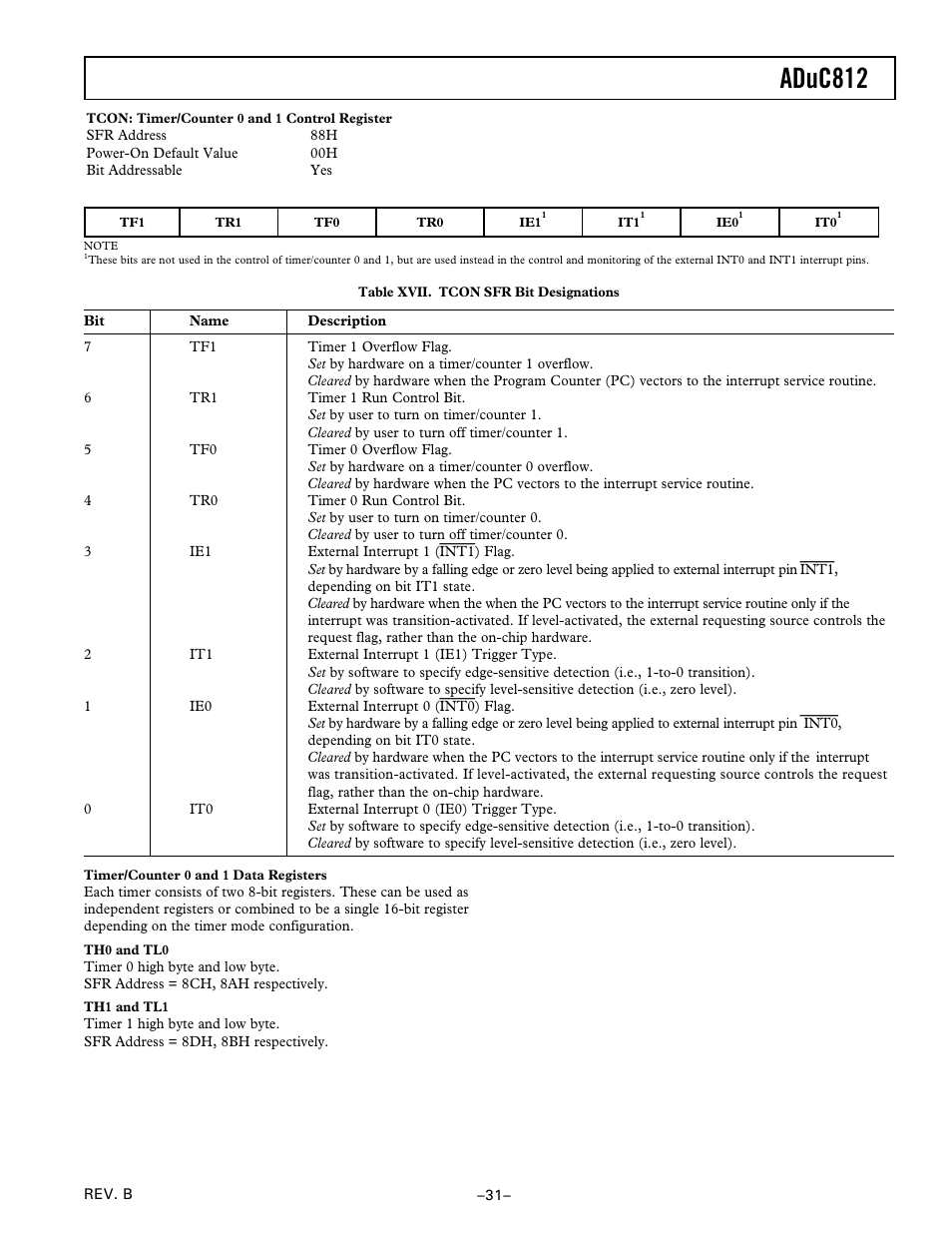 Timer/counter 0 and 1 data registers, Th0 and tl0, Th1 and tl1 | Aduc812 | Analog Devices ADuC812 User Manual | Page 31 / 56