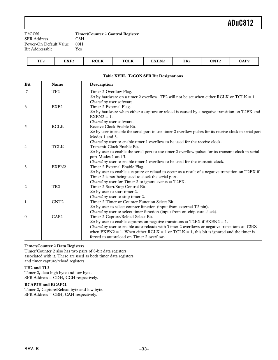 Timer/counter 2 data registers, Th2 and tl2, Rcap2h and rcap2l | Aduc812 | Analog Devices ADuC812 User Manual | Page 33 / 56