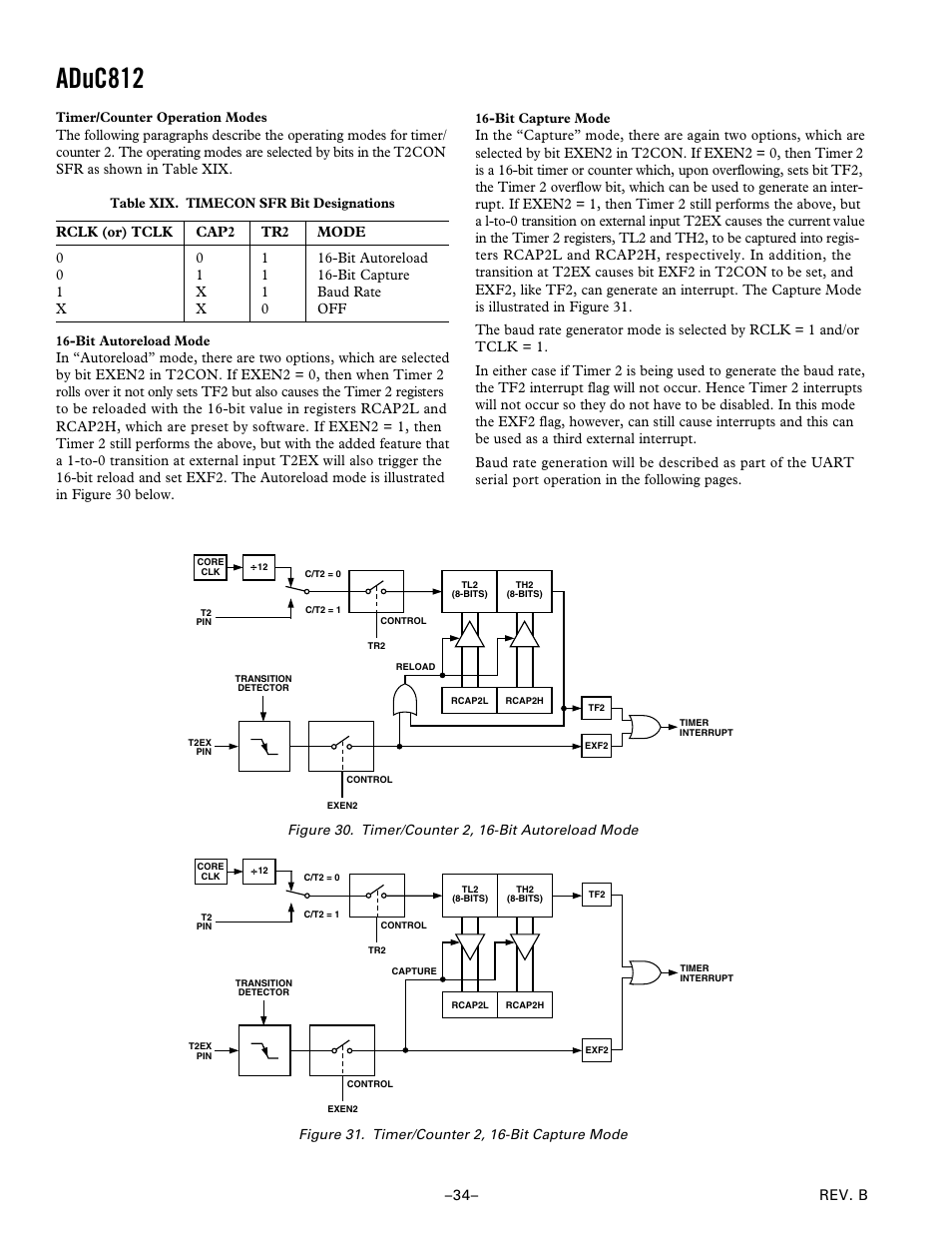 Timer/counter operation modes, Bit autoreload mode, Bit capture mode | Aduc812 | Analog Devices ADuC812 User Manual | Page 34 / 56