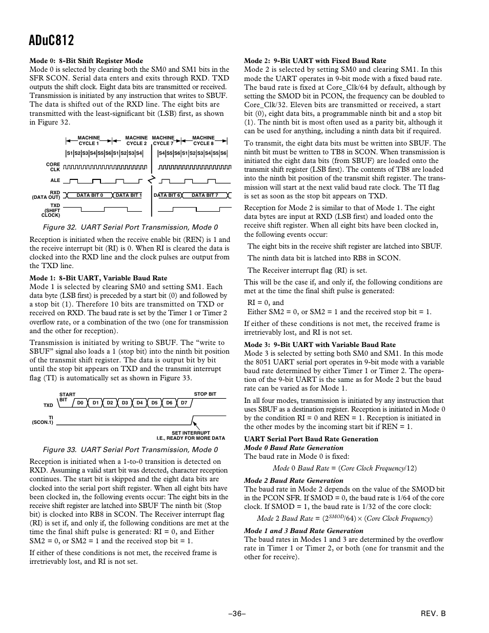 Mode 0: 8-bit shift register mode, Mode 1: 8-bit uart, variable baud rate, Mode 2: 9-bit uart with fixed baud rate | Mode 3: 9-bit uart with variable baud rate, Uart serial port baud rate generation, Aduc812 | Analog Devices ADuC812 User Manual | Page 36 / 56