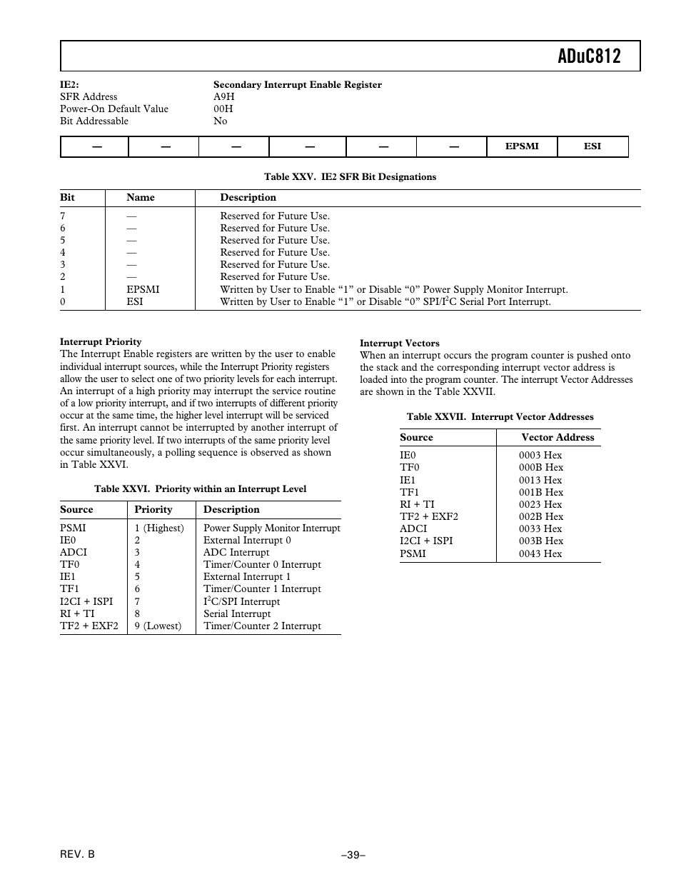 Interrupt priority, Interrupt vectors, Aduc812 | Analog Devices ADuC812 User Manual | Page 39 / 56