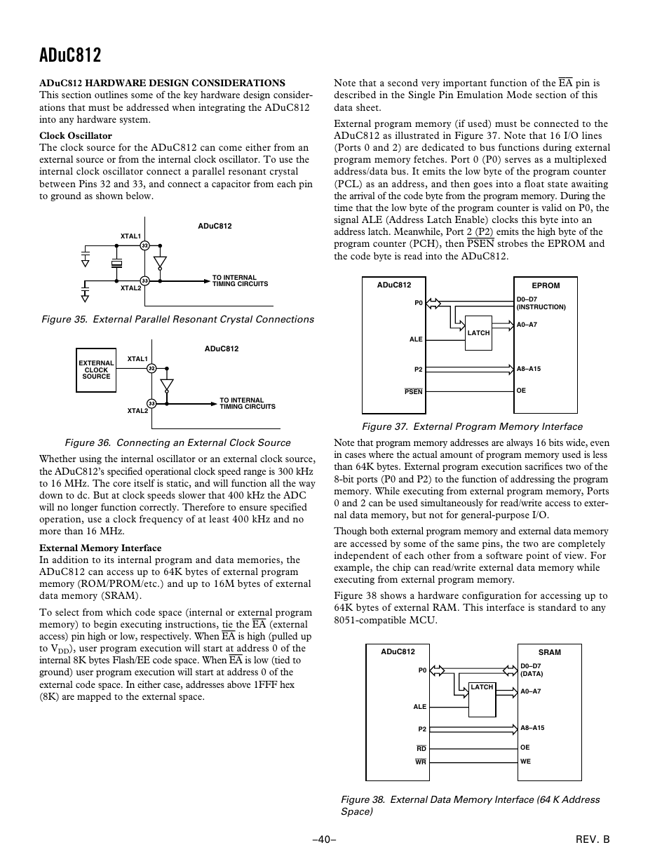 Aduc812 hardware design considerations, Clock oscillator, External memory interface | Aduc812 | Analog Devices ADuC812 User Manual | Page 40 / 56