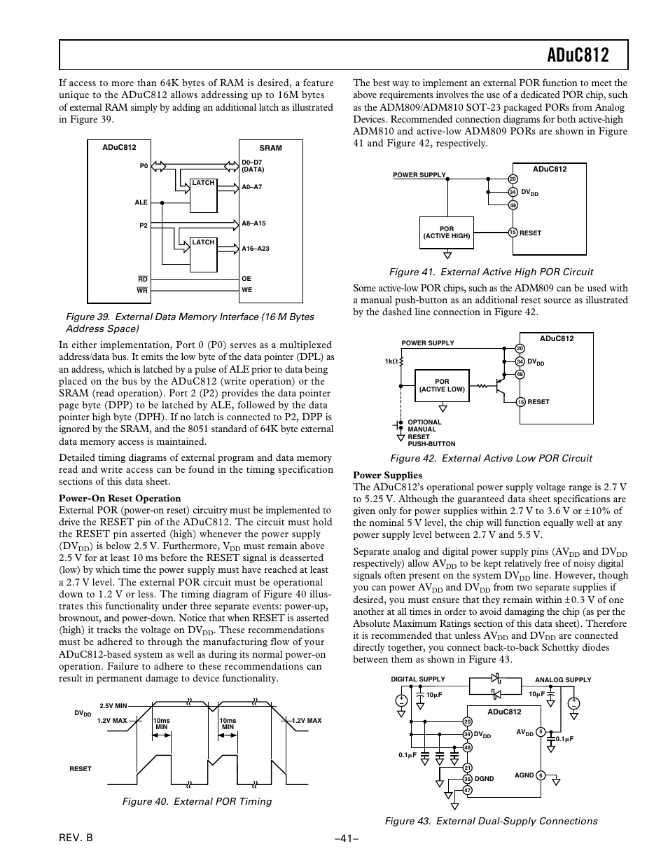 Power-on reset operation, Power supplies, Aduc812 | Rev. b, Is below 2.5 v. furthermore, v, And dv, Respectively) allow av, Line. however, though you can power av, Figure 43. external dual-supply connections | Analog Devices ADuC812 User Manual | Page 41 / 56