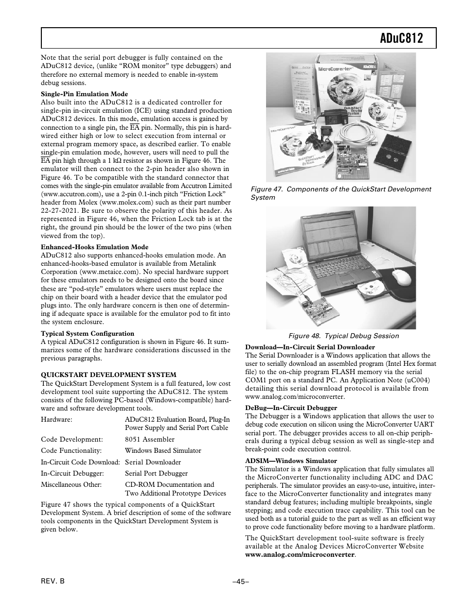 Single-pin emulation mode, Enhanced-hooks emulation mode, Typical system configuration | Quickstart development system, Download – in-circuit serial downloader, Debug – in-circuit debugger, Adsim – windows simulator, Aduc812 | Analog Devices ADuC812 User Manual | Page 45 / 56