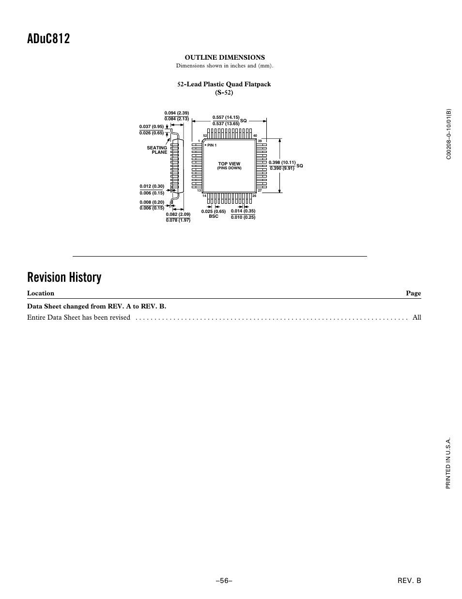 Outline dimensions, Revision history, Aduc812 | Analog Devices ADuC812 User Manual | Page 56 / 56