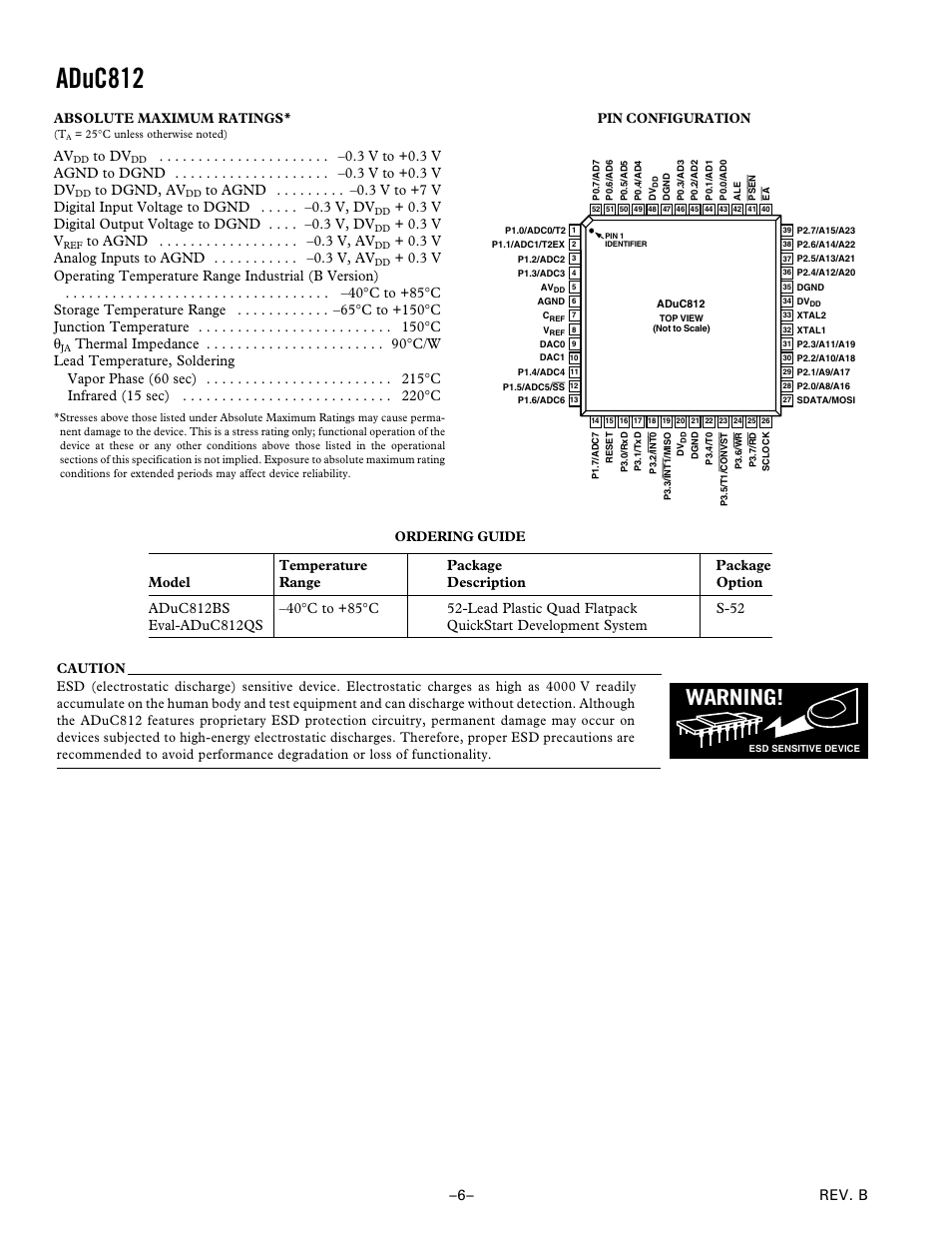 Absolute maximum ratings, Ordering guide, Aduc812 | Warning, Rev. b, 6– pin configuration, 3 v v | Analog Devices ADuC812 User Manual | Page 6 / 56