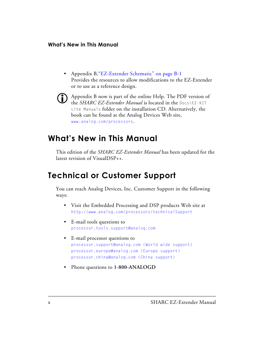 What’s new in this manual, Technical or customer support | Analog Devices SHARC 82-000805-01 User Manual | Page 10 / 35