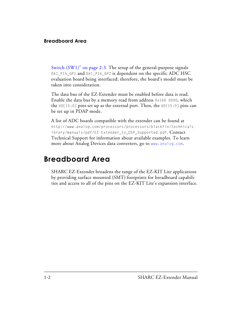 Breadboard area, Breadboard area -2 | Analog Devices SHARC 82-000805-01 User Manual | Page 18 / 35