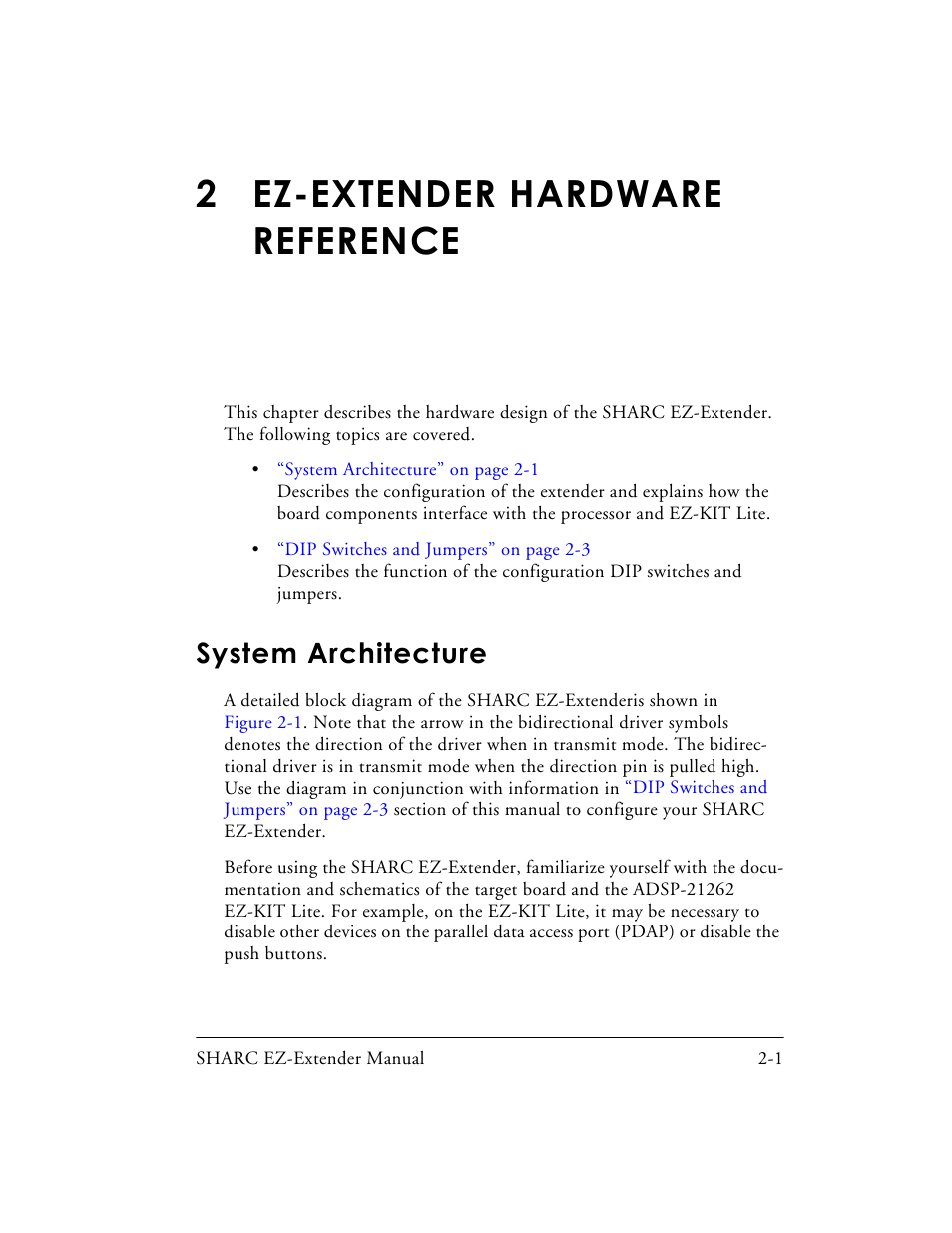 2 ez-extender hardware reference, System architecture, Ez-extender hardware reference | System architecture -1 | Analog Devices SHARC 82-000805-01 User Manual | Page 19 / 35