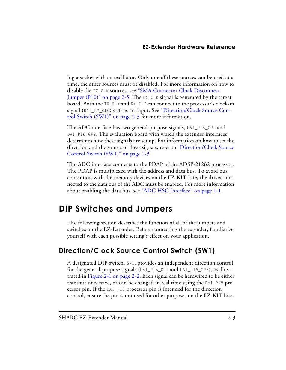 Dip switches and jumpers, Direction/clock source control switch (sw1), Dip switches and jumpers -3 | Direction/clock source control switch (sw1) -3, Dip switches and, Section of this manual to configure your sharc | Analog Devices SHARC 82-000805-01 User Manual | Page 21 / 35