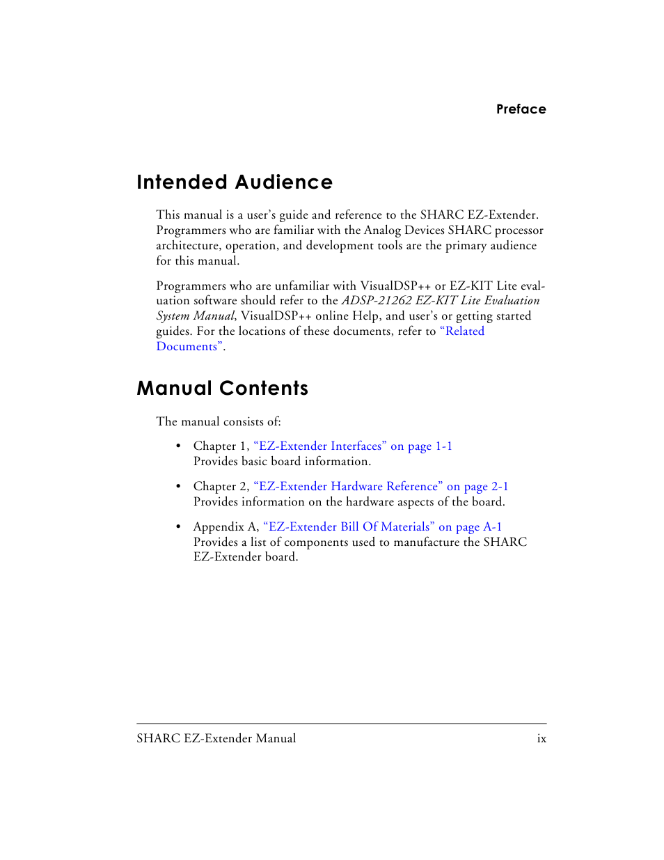 Intended audience, Manual contents | Analog Devices SHARC 82-000805-01 User Manual | Page 9 / 35