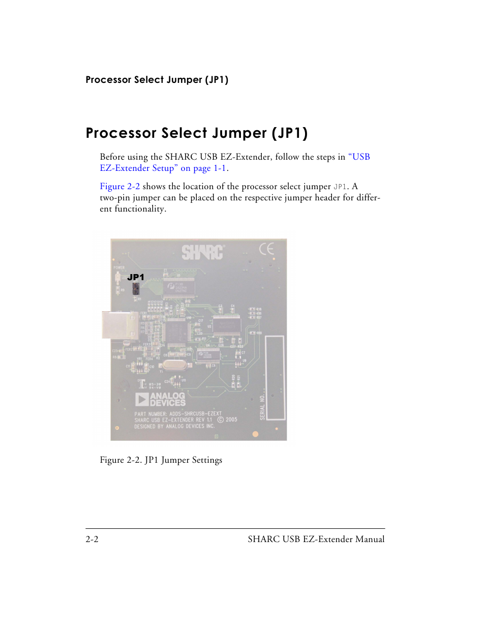 Processor select jumper (jp1), Figure 2-2. jp1 jumper settings, Processor select jumper (jp1) -2 | Processor | Analog Devices SHARC 82-000197-01 User Manual | Page 20 / 32