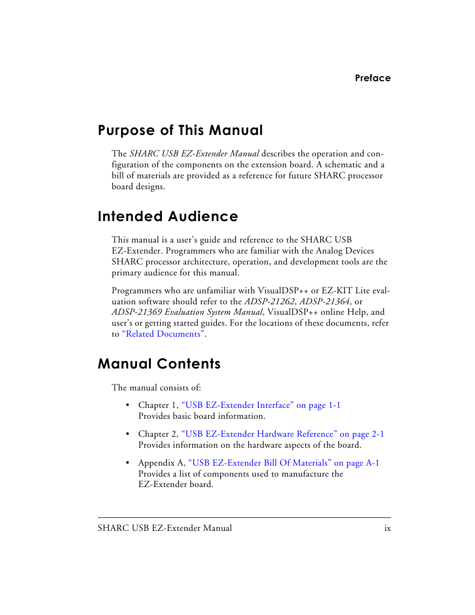 Purpose of this manual, Intended audience, Manual contents | Analog Devices SHARC 82-000197-01 User Manual | Page 9 / 32