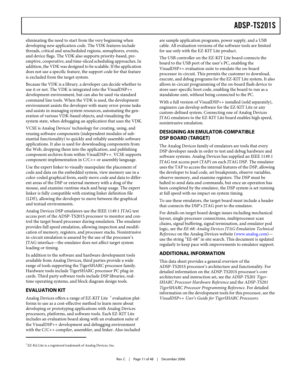 Evaluation kit, Additional information, Designing an emulator-compatible | Dsp board (target), Adsp-ts201s | Analog Devices TigerSHARC ADSP-TS201S User Manual | Page 11 / 48