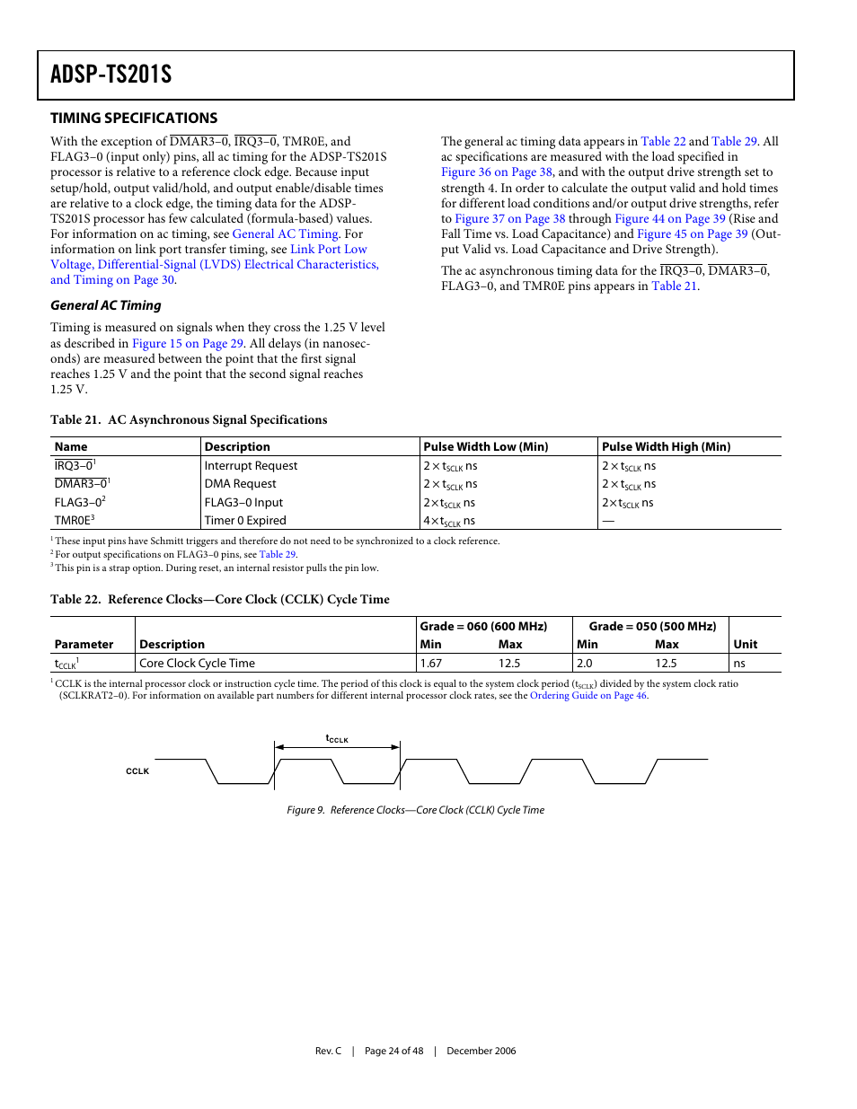 Timing specifications, General ac timing, Adsp-ts201s | Analog Devices TigerSHARC ADSP-TS201S User Manual | Page 24 / 48