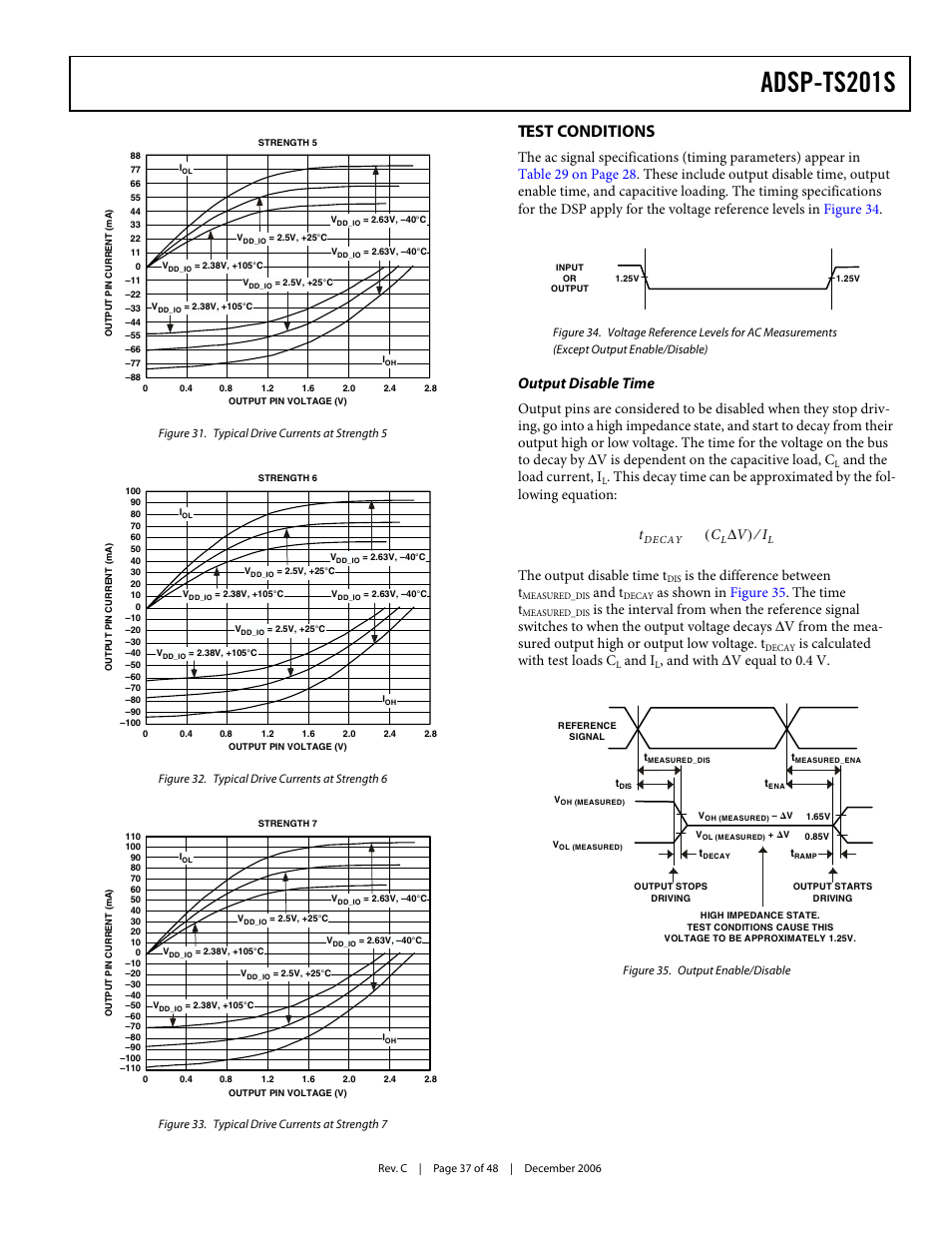 Test conditions, Output disable time, Adsp-ts201s | And the load current, i, Is the difference between t, And t, As shown in figure 35 . the time t, Is calculated with test loads c, And i, And with δv equal to 0.4 v | Analog Devices TigerSHARC ADSP-TS201S User Manual | Page 37 / 48