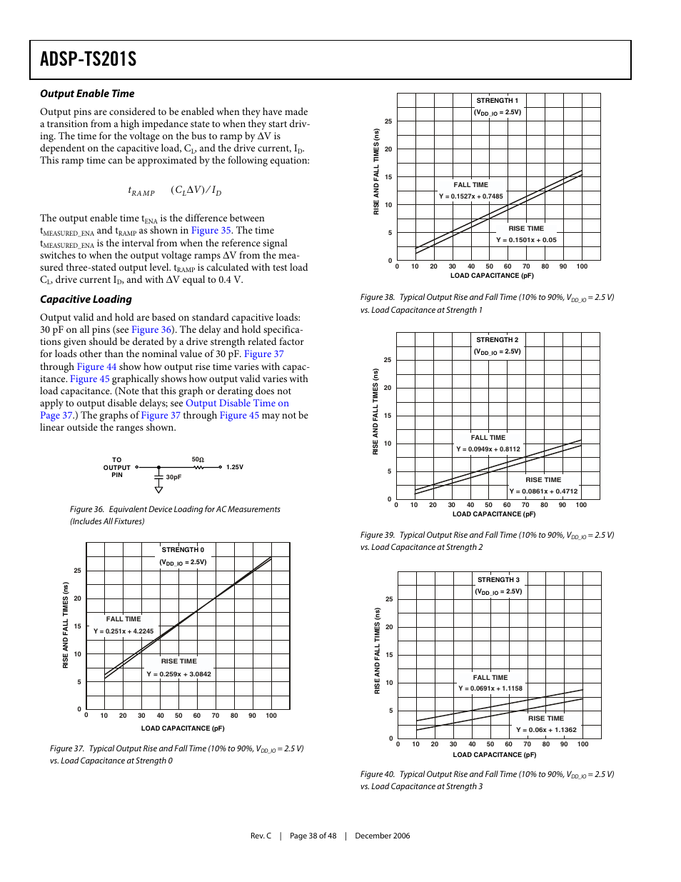 Output enable time, Capacitive loading, Adsp-ts201s | And the drive current, i, Is the difference between t, And t, As shown in figure 35 . the t ime t, Is calculated with test load c, Drive current i, And with δv equal to 0.4 v | Analog Devices TigerSHARC ADSP-TS201S User Manual | Page 38 / 48