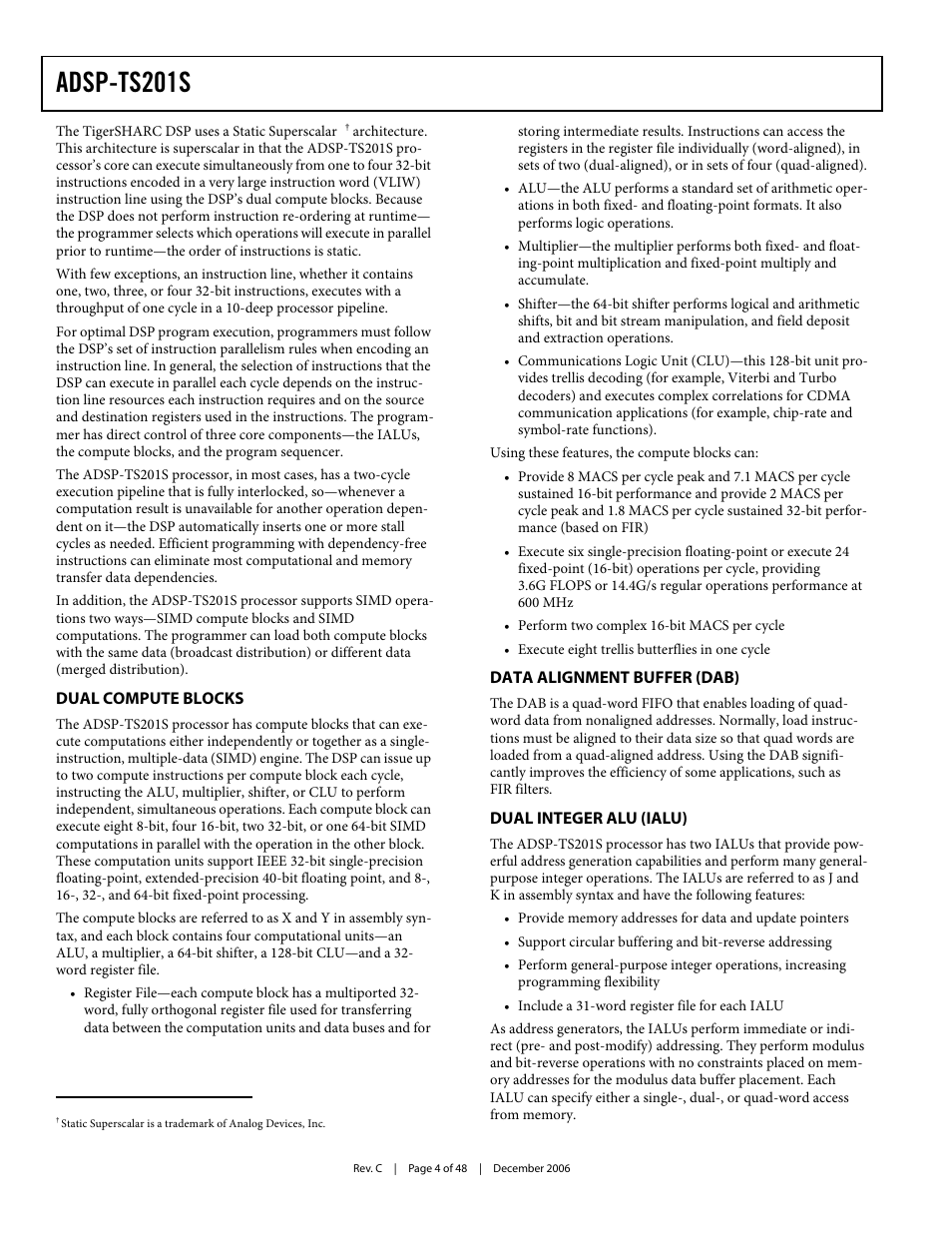 Dual compute blocks, Data alignment buffer (dab), Dual integer alu (ialu) | Adsp-ts201s | Analog Devices TigerSHARC ADSP-TS201S User Manual | Page 4 / 48