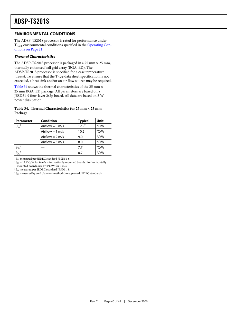 Environmental conditions, Thermal characteristics, Adsp-ts201s | Analog Devices TigerSHARC ADSP-TS201S User Manual | Page 40 / 48