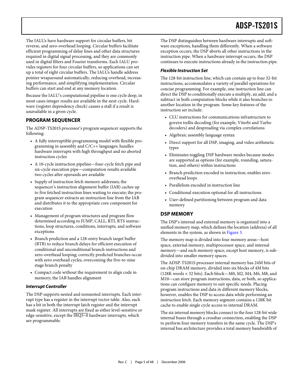 Program sequencer, Interrupt controller, Flexible instruction set | Dsp memory, Adsp-ts201s | Analog Devices TigerSHARC ADSP-TS201S User Manual | Page 5 / 48
