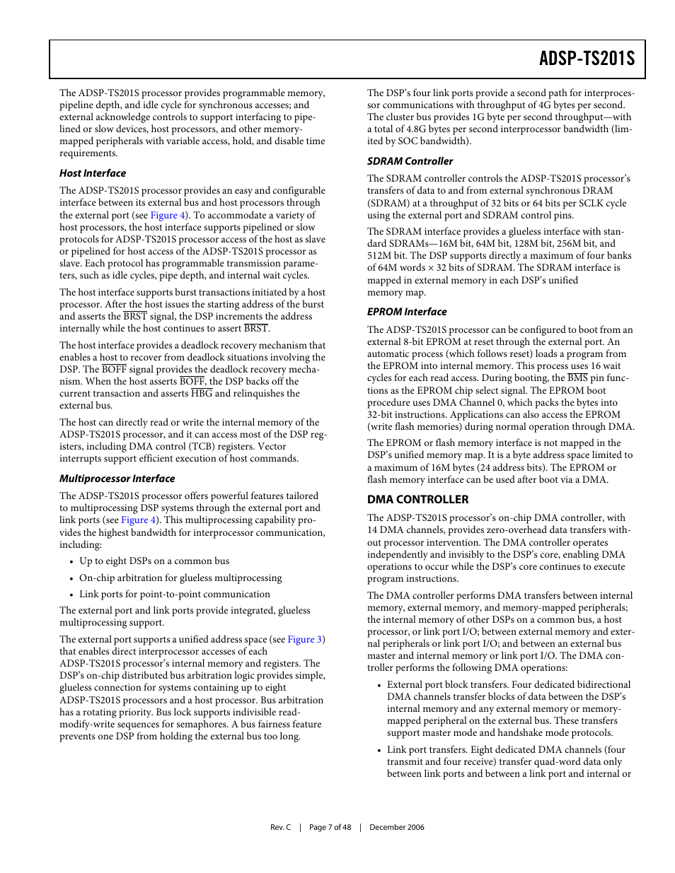 Host interface, Multiprocessor interface, Sdram controller | Eprom interface, Dma controller, Adsp-ts201s | Analog Devices TigerSHARC ADSP-TS201S User Manual | Page 7 / 48