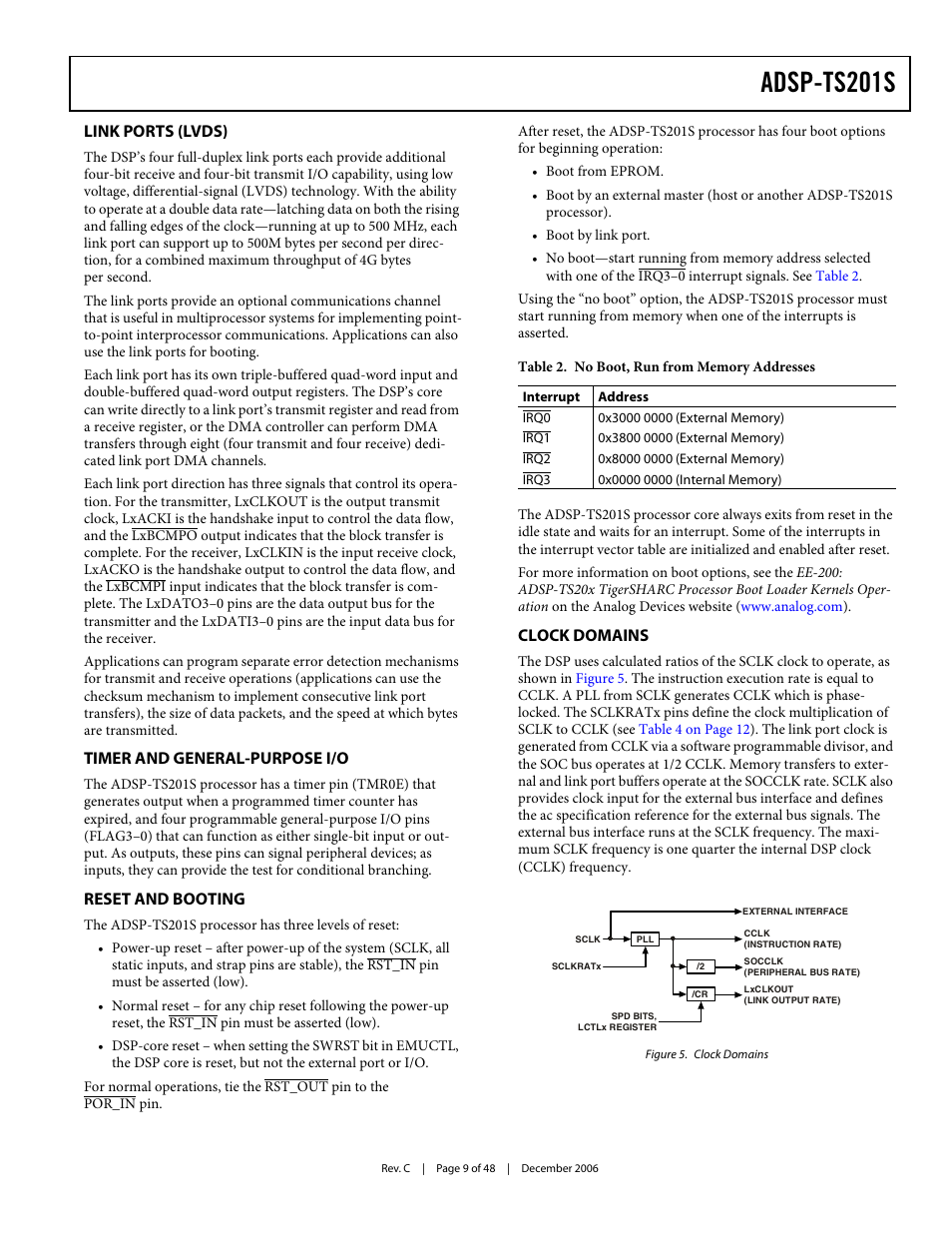 Link ports (lvds), Timer and general-purpose i/o, Reset and booting | Clock domains, Adsp-ts201s | Analog Devices TigerSHARC ADSP-TS201S User Manual | Page 9 / 48