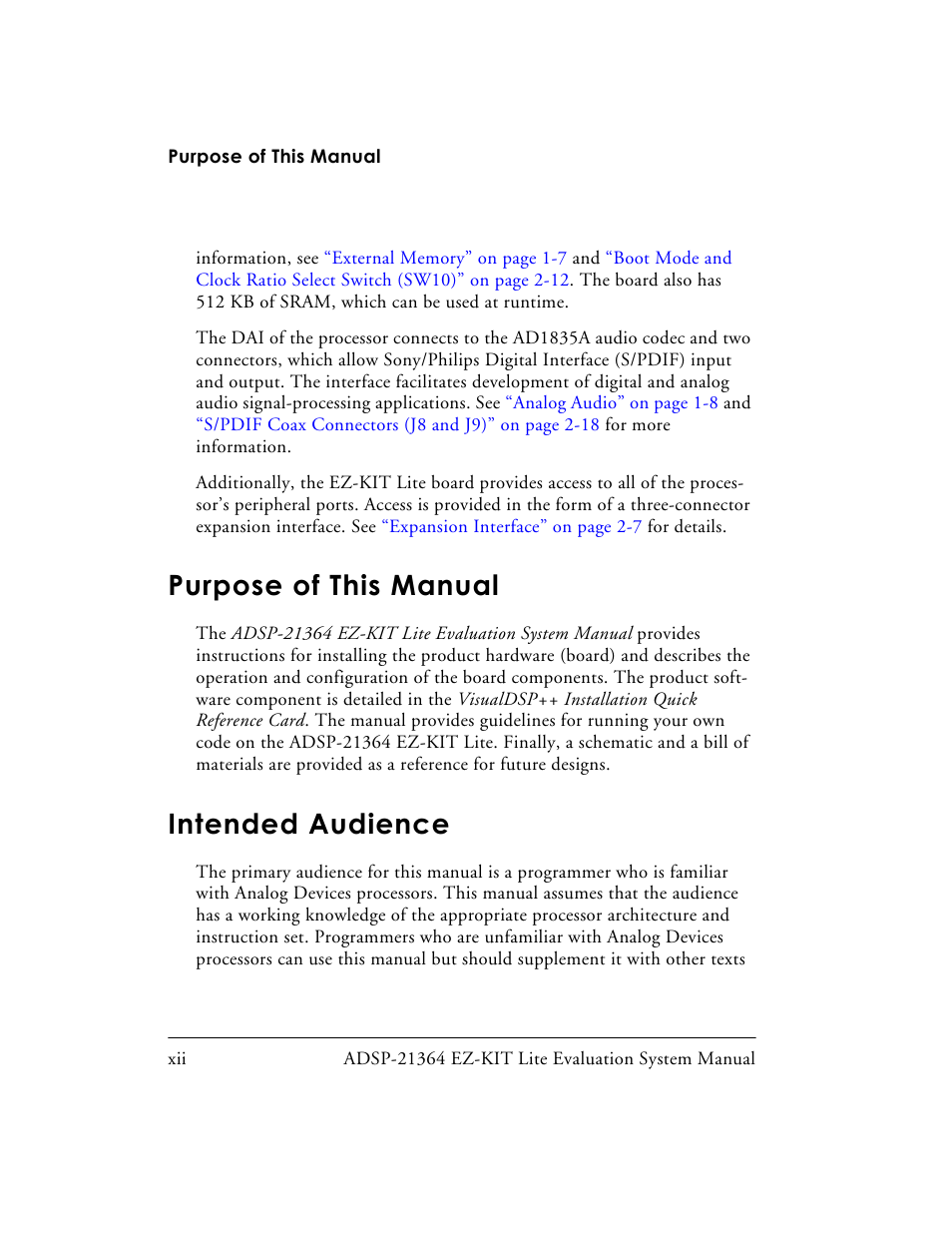 Purpose of this manual, Intended audience | Analog Devices EZ-KIT Lite ADSP-21364 User Manual | Page 12 / 77