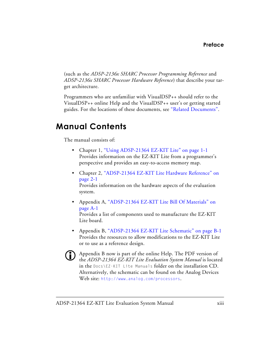 Manual contents | Analog Devices EZ-KIT Lite ADSP-21364 User Manual | Page 13 / 77