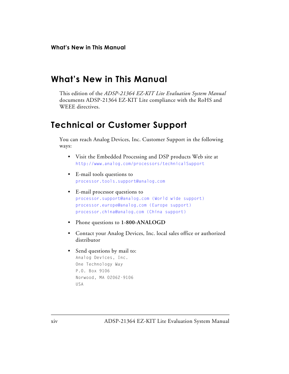 What’s new in this manual, Technical or customer support | Analog Devices EZ-KIT Lite ADSP-21364 User Manual | Page 14 / 77