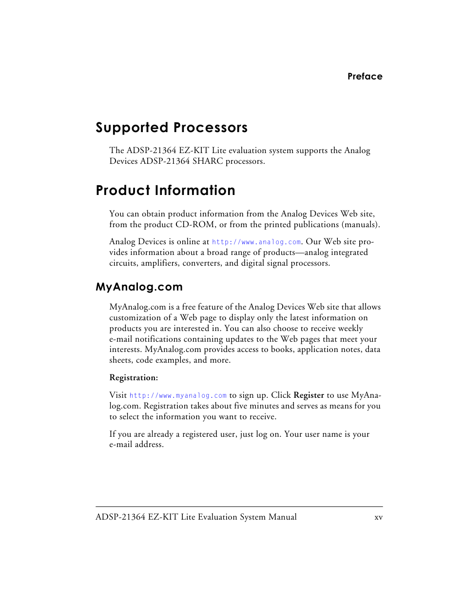 Supported processors, Product information, Myanalog.com | Analog Devices EZ-KIT Lite ADSP-21364 User Manual | Page 15 / 77