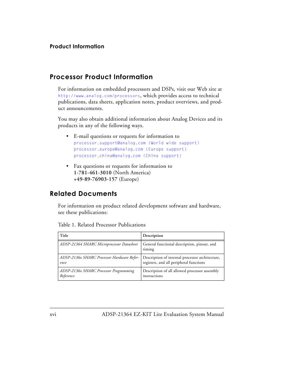 Processor product information, Related documents, Table 1. related processor publications | Analog Devices EZ-KIT Lite ADSP-21364 User Manual | Page 16 / 77