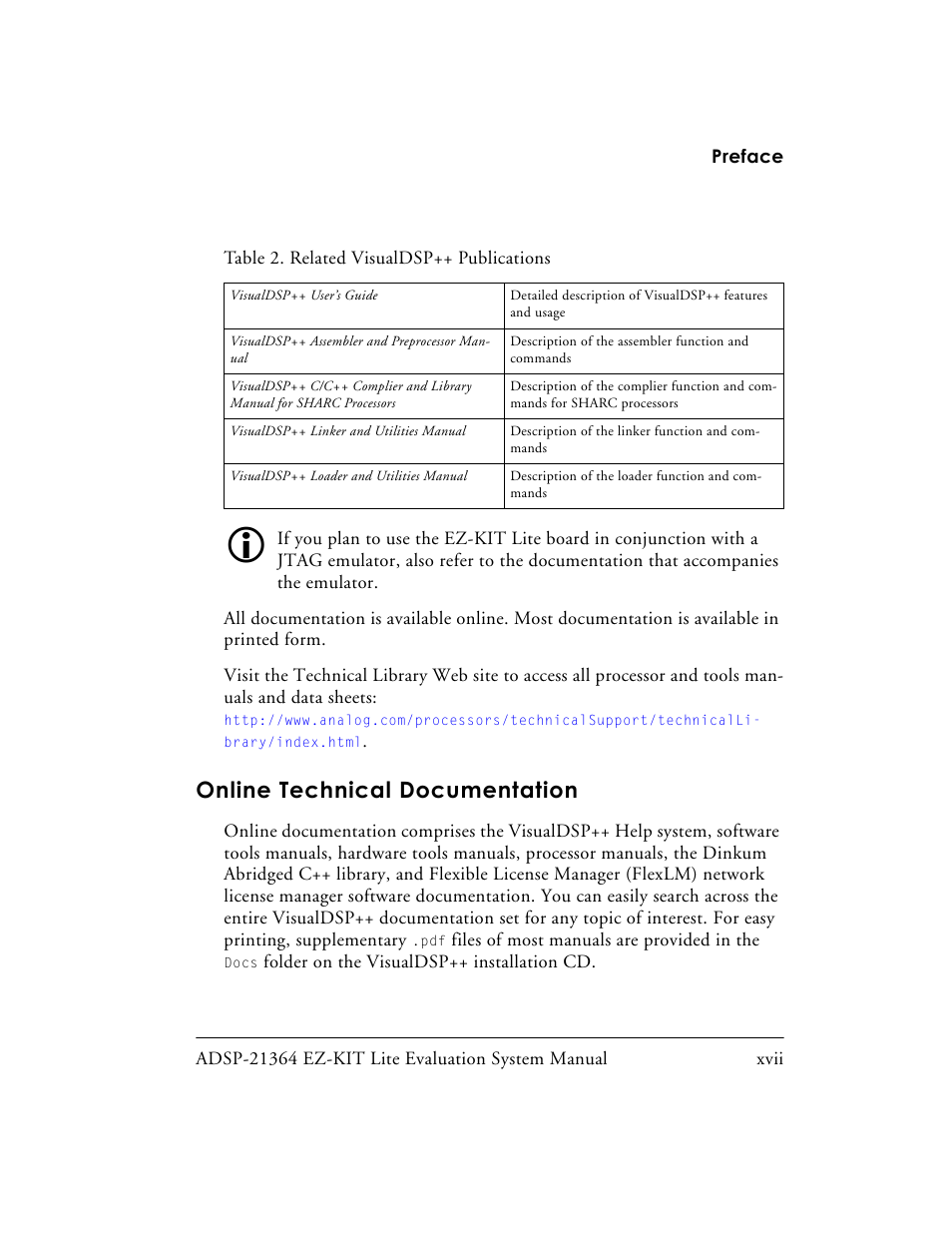 Table 2. related visualdsp++ publications, Online technical documentation | Analog Devices EZ-KIT Lite ADSP-21364 User Manual | Page 17 / 77
