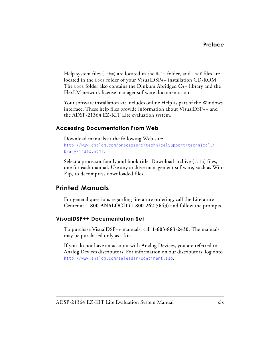 Accessing documentation from web, Printed manuals, Visualdsp++ documentation set | Analog Devices EZ-KIT Lite ADSP-21364 User Manual | Page 19 / 77