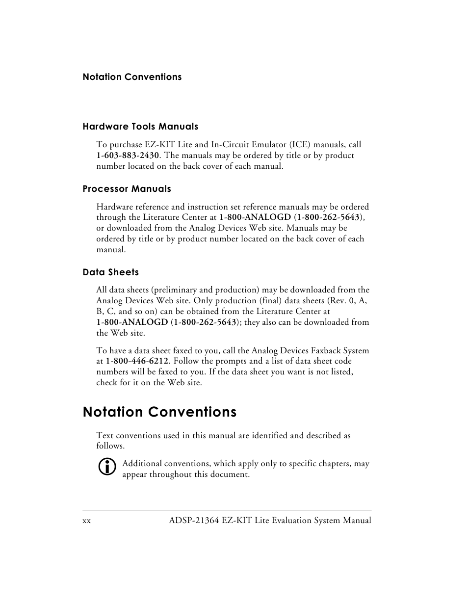 Hardware tools manuals, Processor manuals, Data sheets | Notation conventions | Analog Devices EZ-KIT Lite ADSP-21364 User Manual | Page 20 / 77