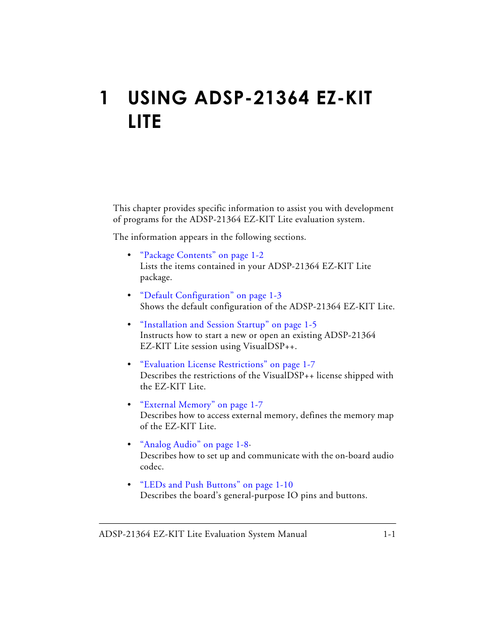 1 using adsp-21364 ez-kit lite, Using adsp-21364 ez-kit lite | Analog Devices EZ-KIT Lite ADSP-21364 User Manual | Page 23 / 77