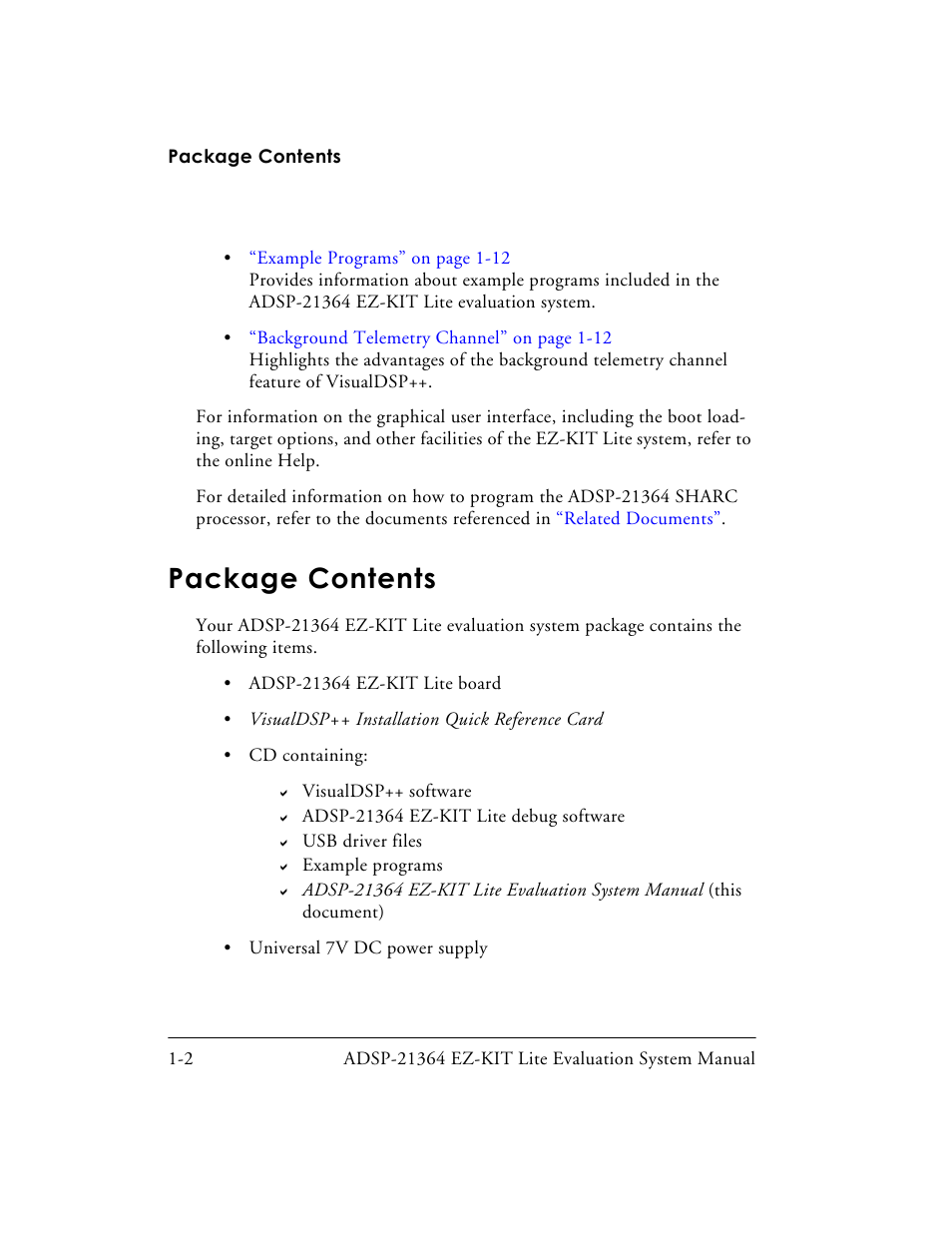 Package contents, Package contents -2 | Analog Devices EZ-KIT Lite ADSP-21364 User Manual | Page 24 / 77
