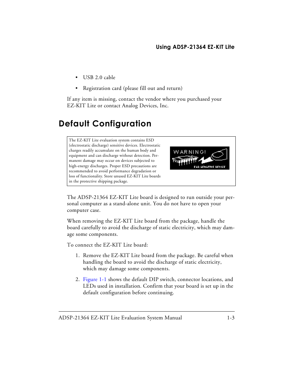 Default configuration, Default configuration -3 | Analog Devices EZ-KIT Lite ADSP-21364 User Manual | Page 25 / 77