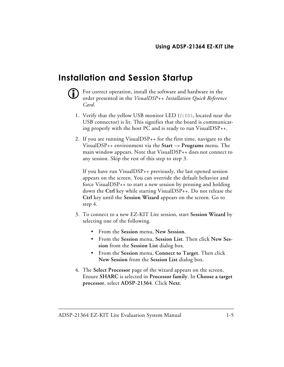 Installation and session startup, Installation and session startup -5 | Analog Devices EZ-KIT Lite ADSP-21364 User Manual | Page 27 / 77