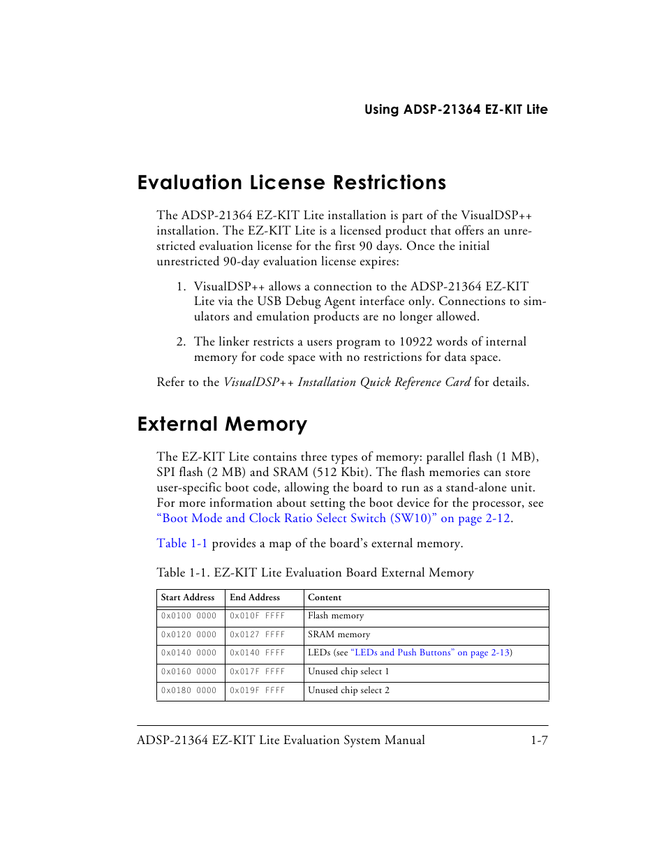 Evaluation license restrictions, External memory, Evaluation license restrictions -7 | External memory -7 | Analog Devices EZ-KIT Lite ADSP-21364 User Manual | Page 29 / 77