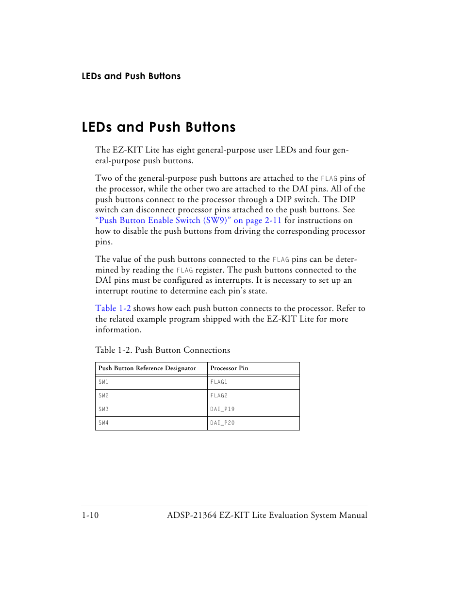 Leds and push buttons, Table 1-2. push button connections, Leds and push buttons -10 | Analog Devices EZ-KIT Lite ADSP-21364 User Manual | Page 32 / 77