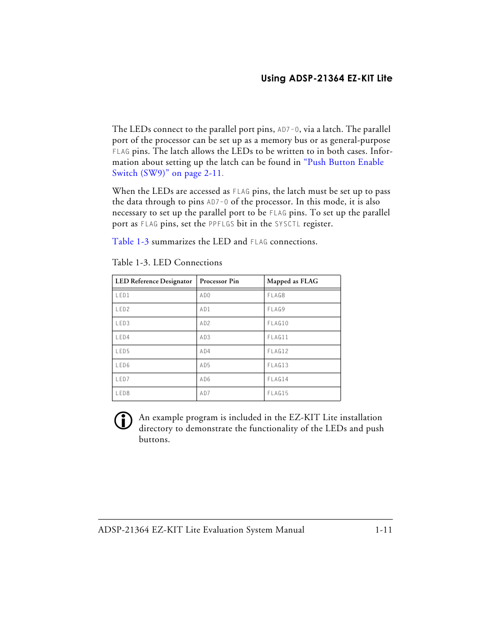 Table 1-3. led connections | Analog Devices EZ-KIT Lite ADSP-21364 User Manual | Page 33 / 77