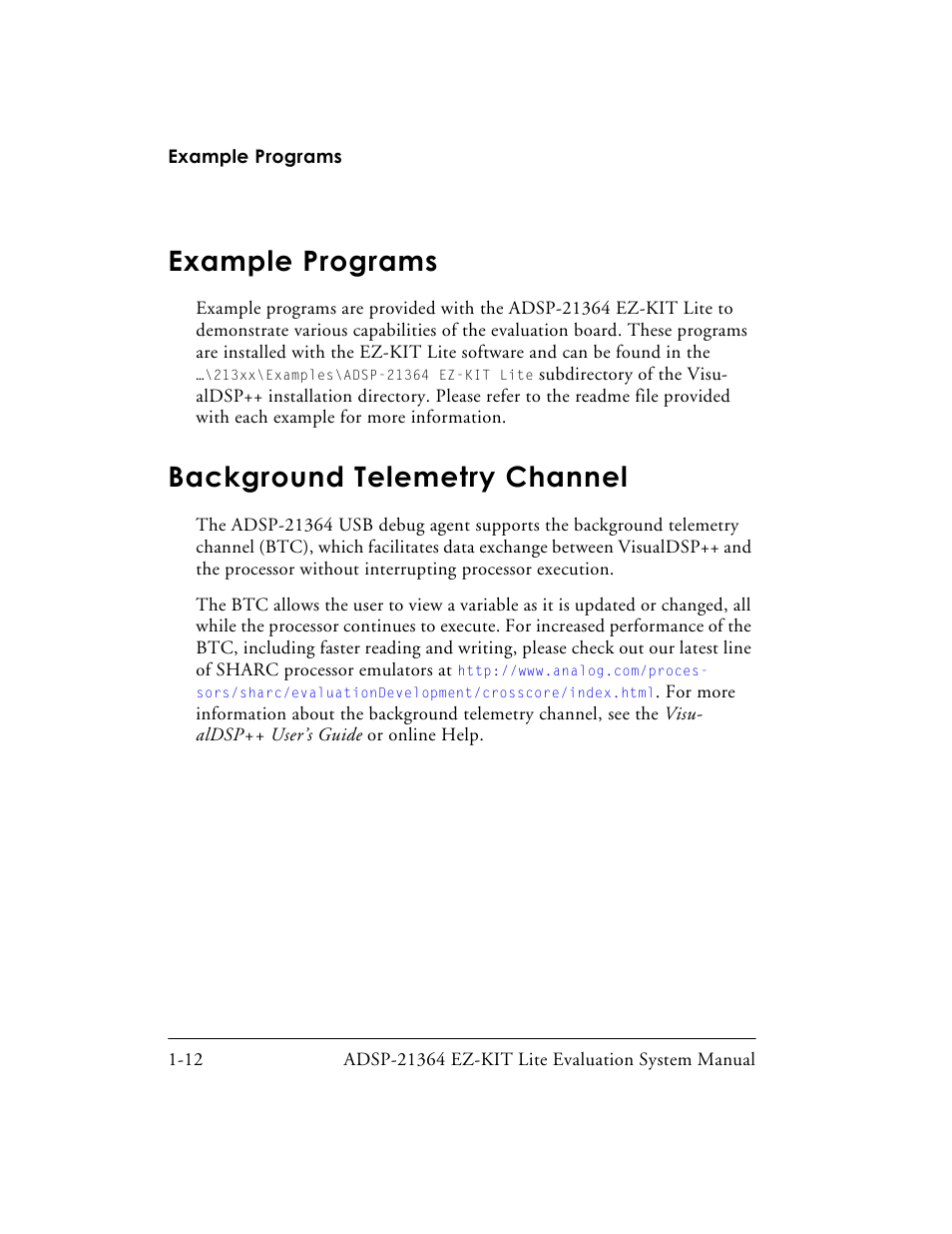Example programs, Background telemetry channel, Example programs -12 | Background telemetry channel -12 | Analog Devices EZ-KIT Lite ADSP-21364 User Manual | Page 34 / 77