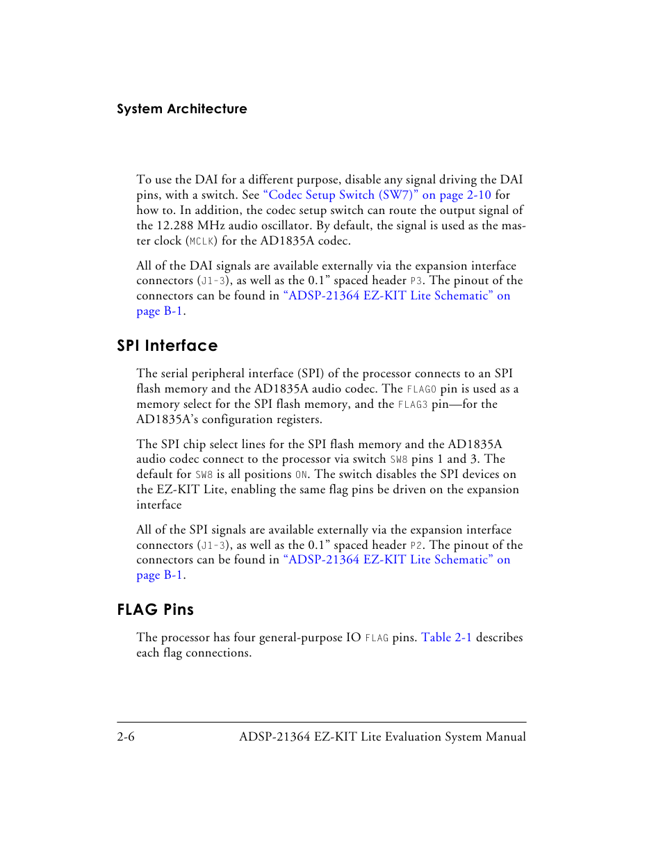 Spi interface, Flag pins, Spi interface -6 | Flag pins -6 | Analog Devices EZ-KIT Lite ADSP-21364 User Manual | Page 40 / 77