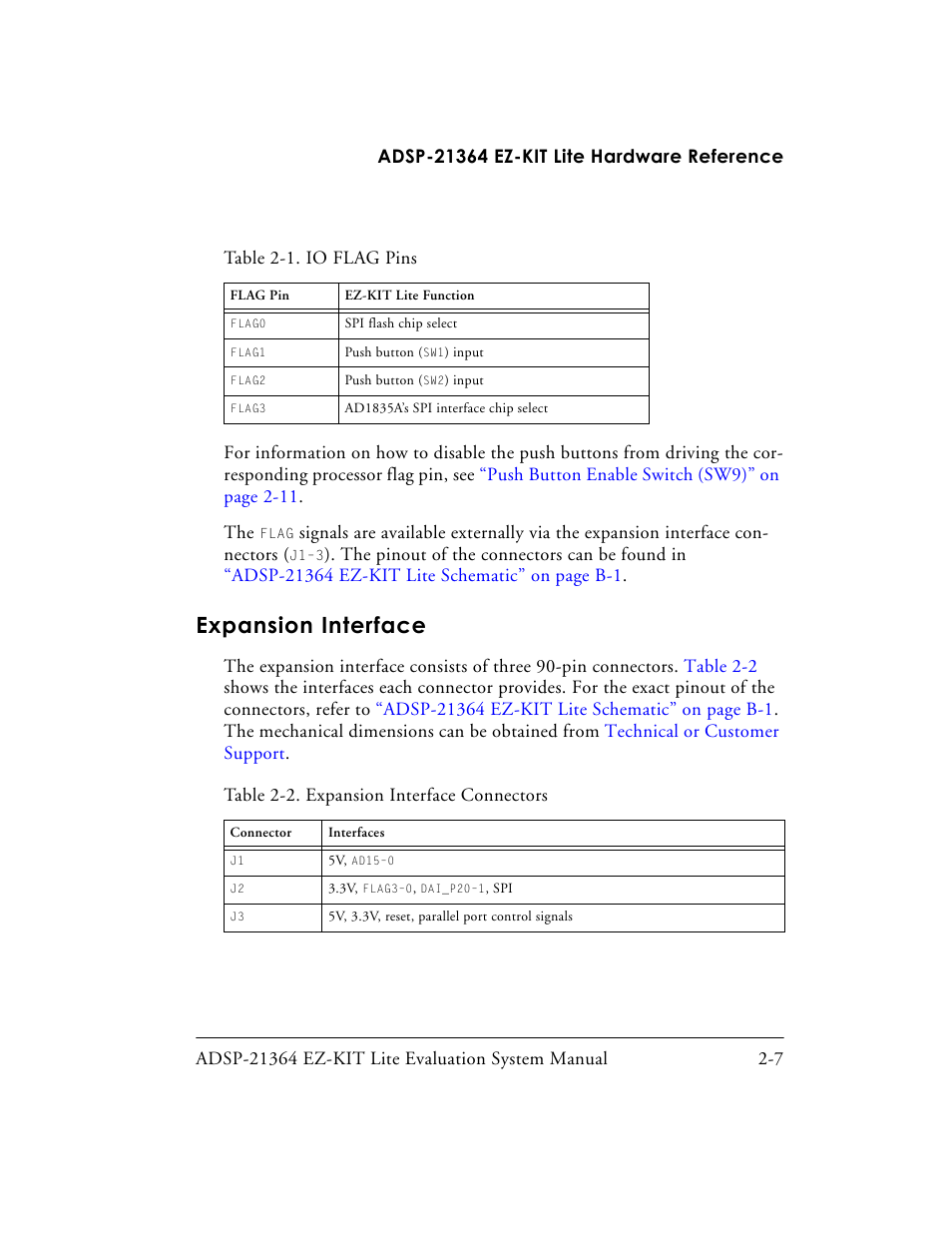 Table 2-1. io flag pins, Expansion interface, Table 2-2. expansion interface connectors | Expansion interface -7, For details | Analog Devices EZ-KIT Lite ADSP-21364 User Manual | Page 41 / 77