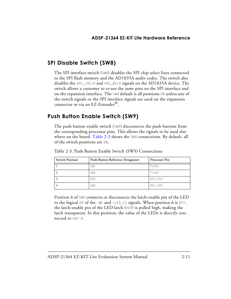 Spi disable switch (sw8), Push button enable switch (sw9), Spi disable switch (sw8) -11 | Push button enable switch (sw9) -11, Push button enable, Push button enable switch (sw9)” on | Analog Devices EZ-KIT Lite ADSP-21364 User Manual | Page 45 / 77