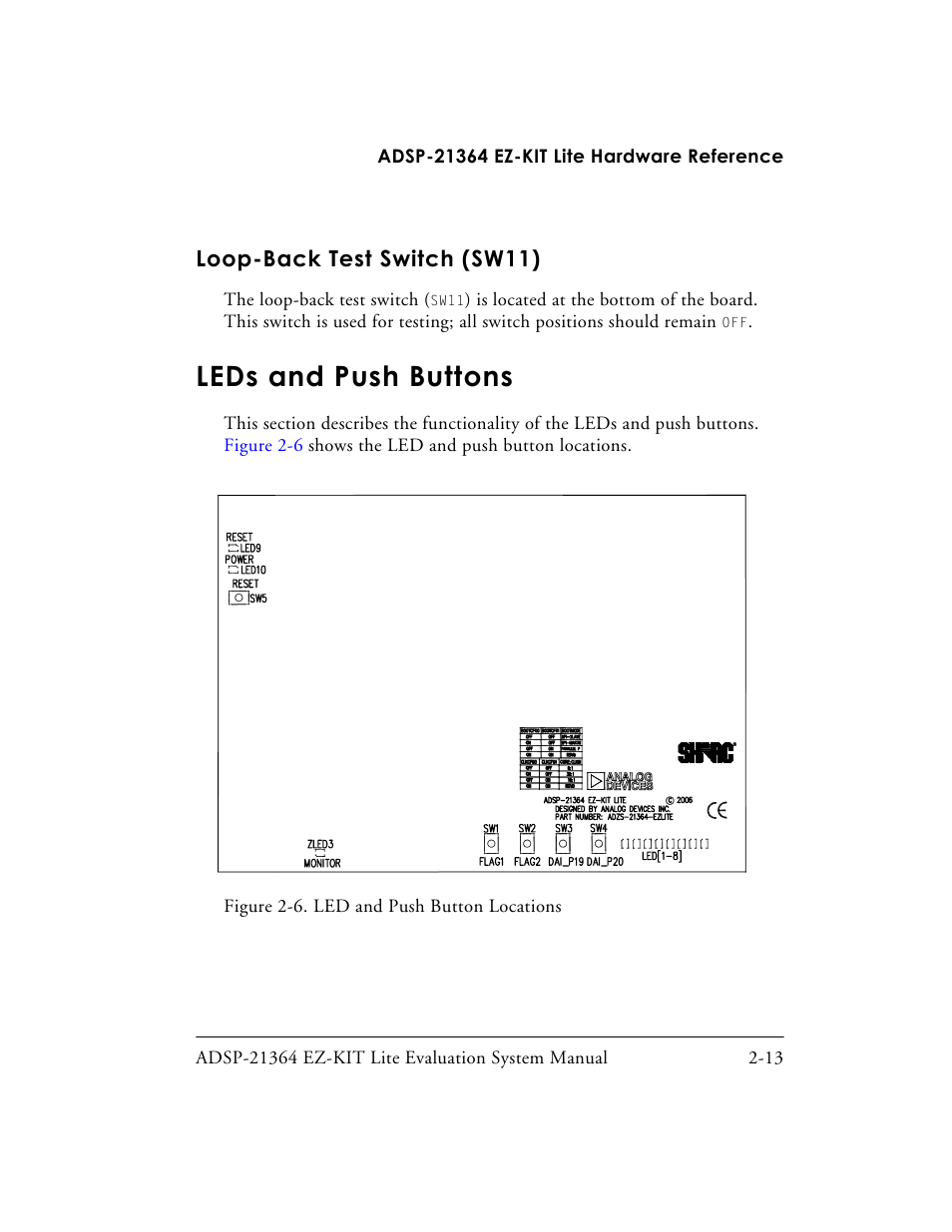 Loop-back test switch (sw11), Leds and push buttons, Figure 2-6. led and push button locations | Loop-back test switch (sw11) -13, Leds and push buttons -13, Leds (see | Analog Devices EZ-KIT Lite ADSP-21364 User Manual | Page 47 / 77