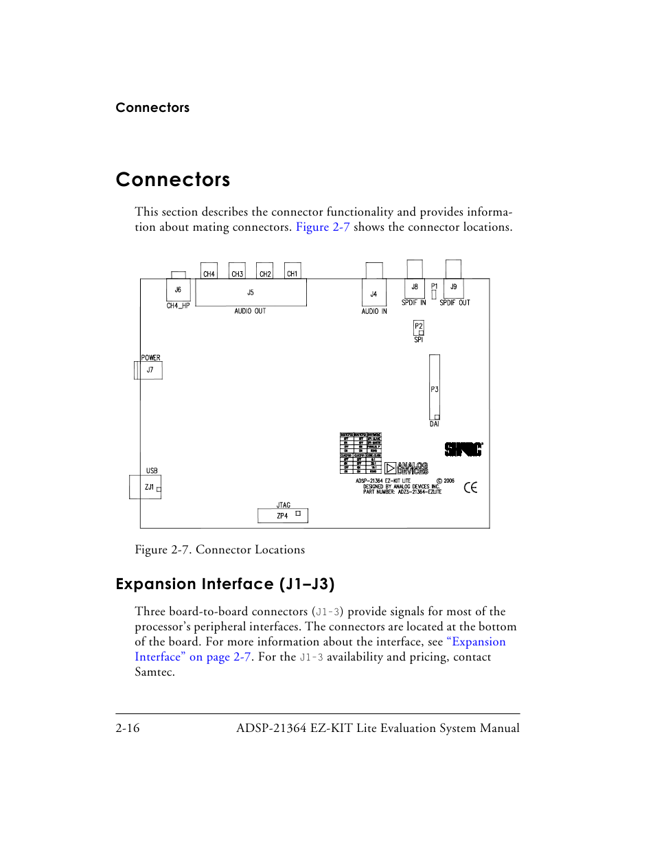 Connectors, Figure 2-7. connector locations, Expansion interface (j1-j3) | Connectors -16, Expansion interface (j1–j3) -16, Expansion interface (j1–j3) | Analog Devices EZ-KIT Lite ADSP-21364 User Manual | Page 50 / 77