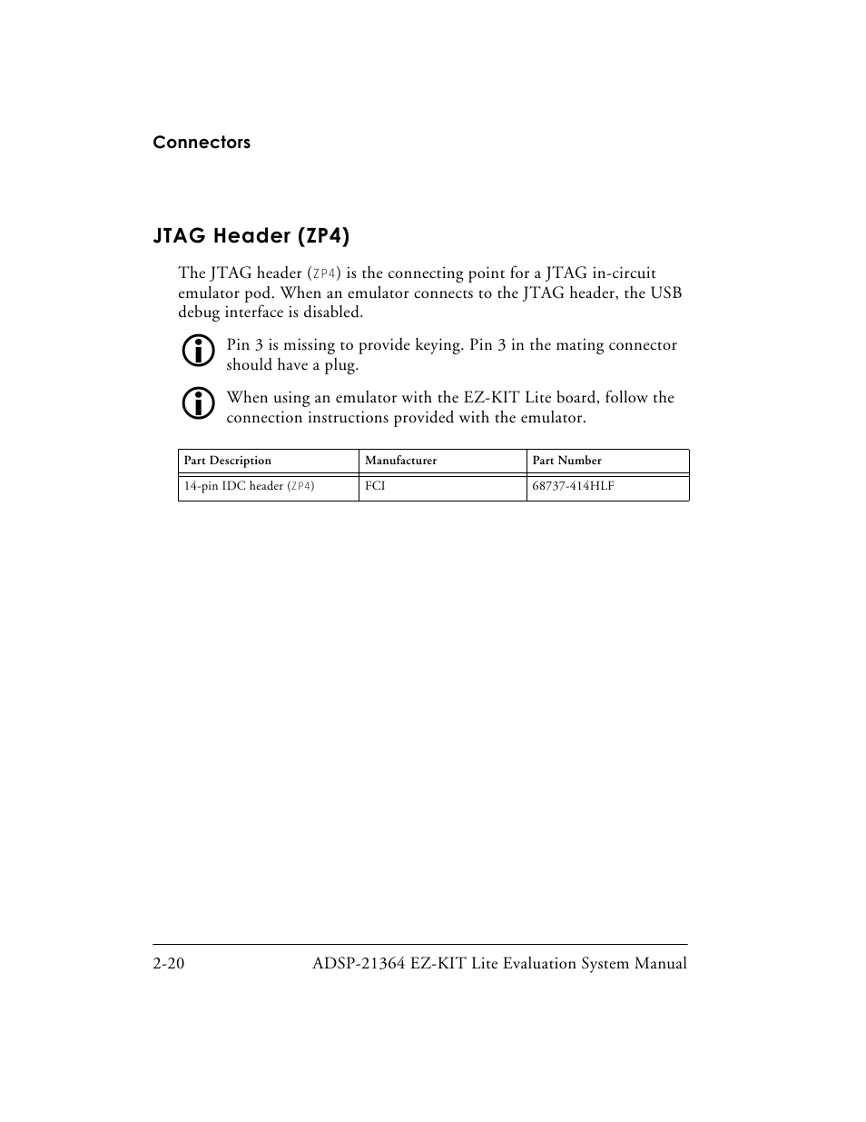 Jtag header (zp4), Jtag header (zp4) -20 | Analog Devices EZ-KIT Lite ADSP-21364 User Manual | Page 54 / 77