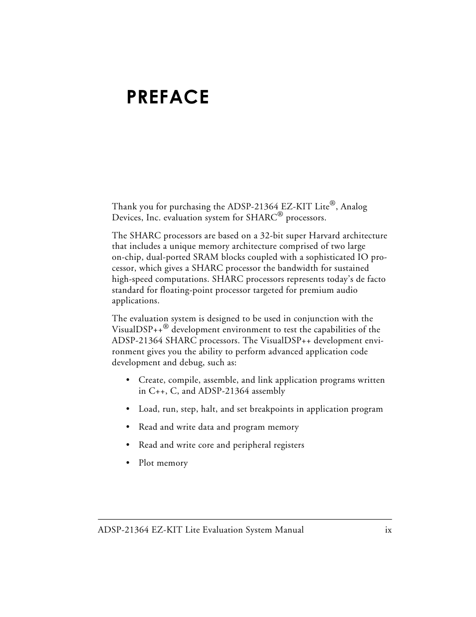 Preface | Analog Devices EZ-KIT Lite ADSP-21364 User Manual | Page 9 / 77
